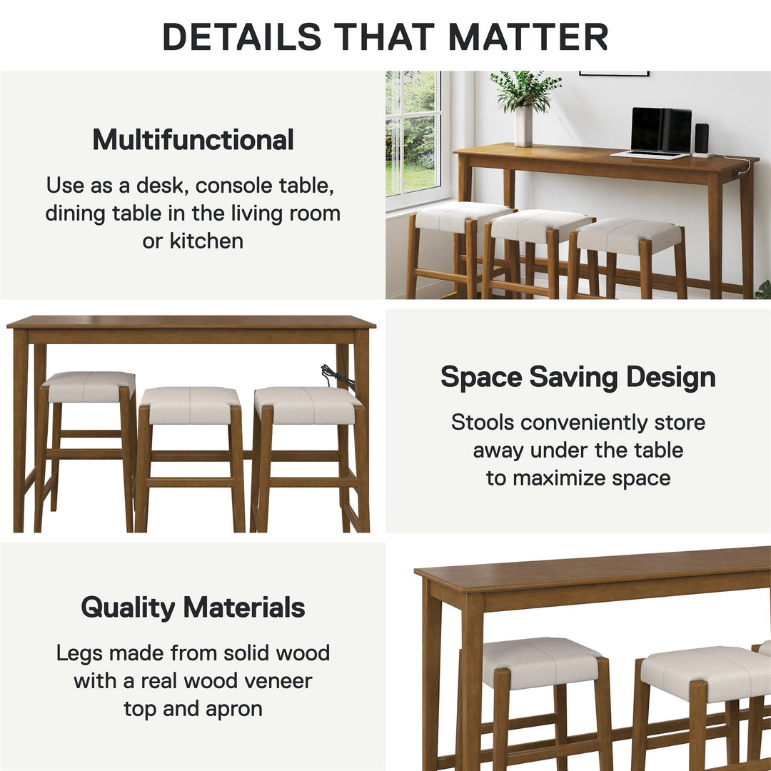 Dallon Sofa Table with 3 Stools and USB Charger - Blonde Oak
