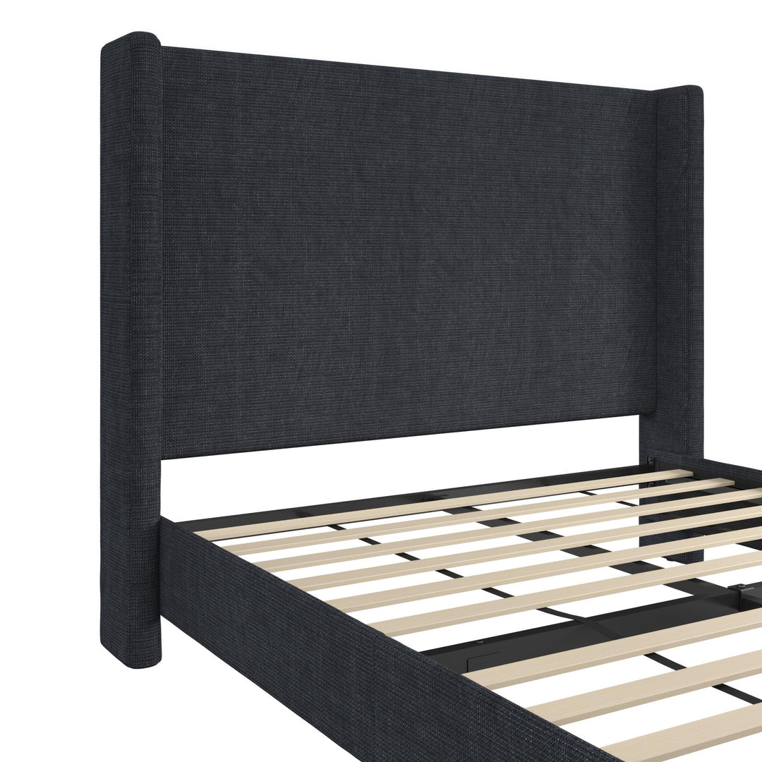 Eveline Textured Canvas Upholstered Wingback Bed - Textured Dark Blue Canvas - Queen