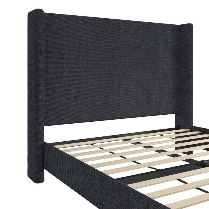 Eveline Textured Canvas Upholstered Wingback Bed - Textured Dark Blue Canvas - Queen