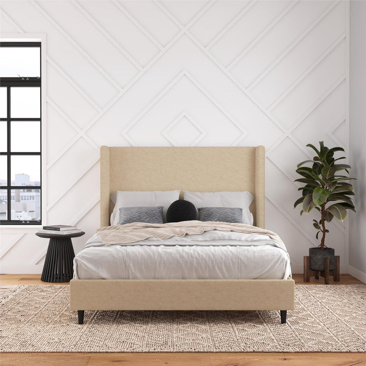 Eveline Textured Canvas Upholstered Wingback Bed - Textured Beige Canvas - Queen