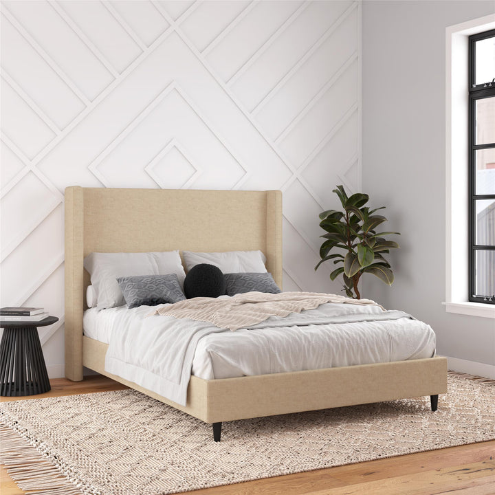 Eveline Textured Canvas Upholstered Wingback Bed - Textured Beige Canvas - Queen