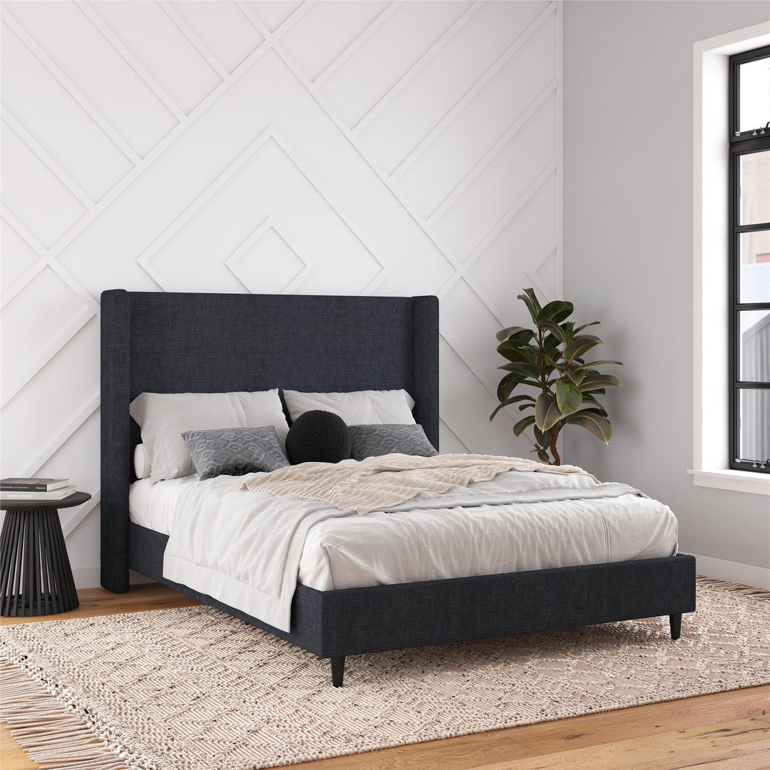 Eveline Textured Canvas Upholstered Wingback Bed - Textured Dark Blue Canvas - Queen