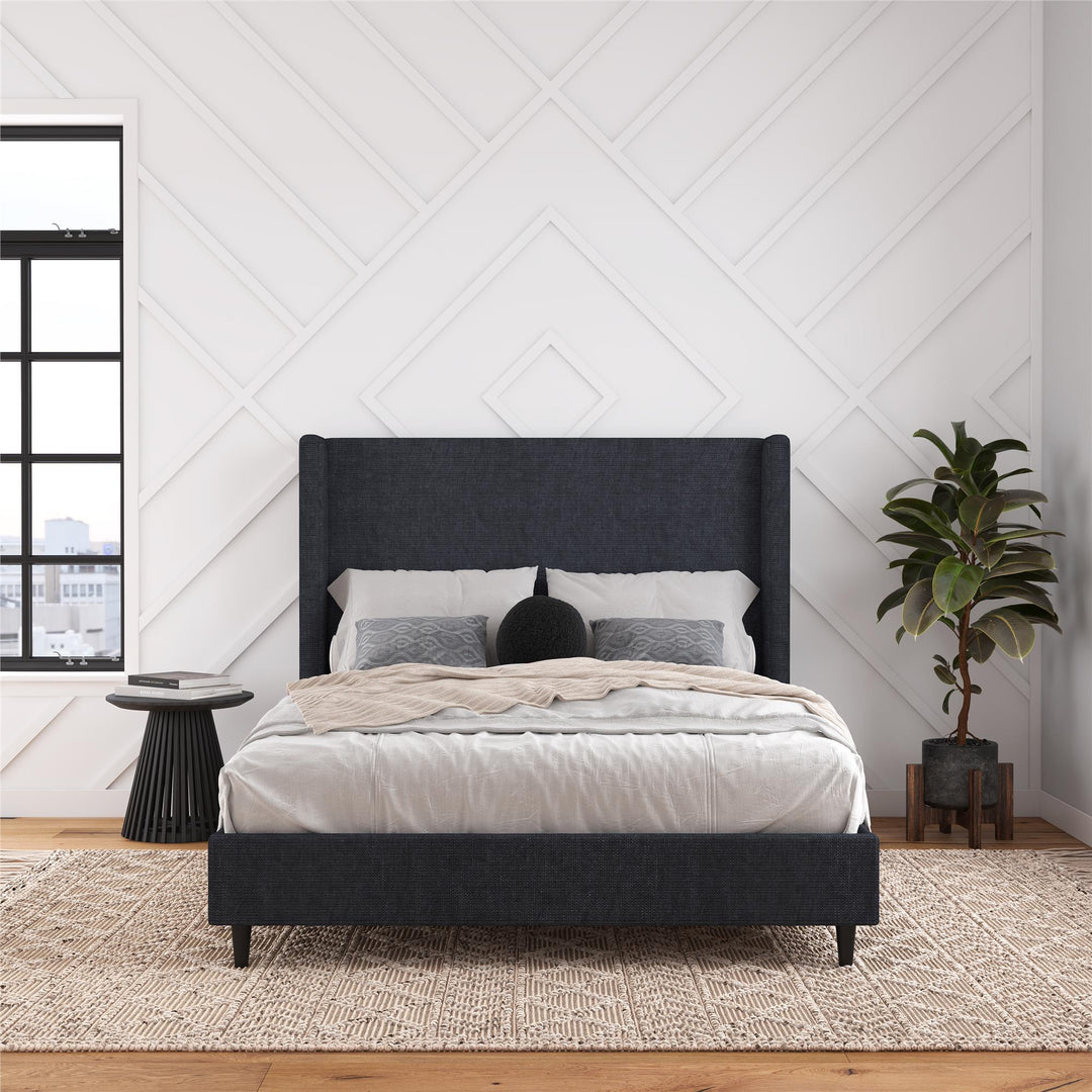Eveline Textured Canvas Upholstered Wingback Bed - Textured Dark Blue Canvas - Queen