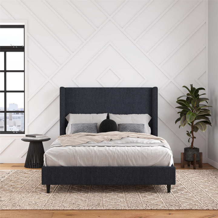 Eveline Textured Canvas Upholstered Wingback Bed - Textured Dark Blue Canvas - Queen