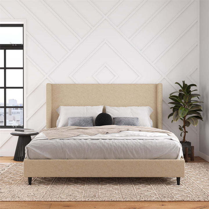 Eveline Textured Canvas Upholstered Wingback Bed - Textured Beige Canvas - King