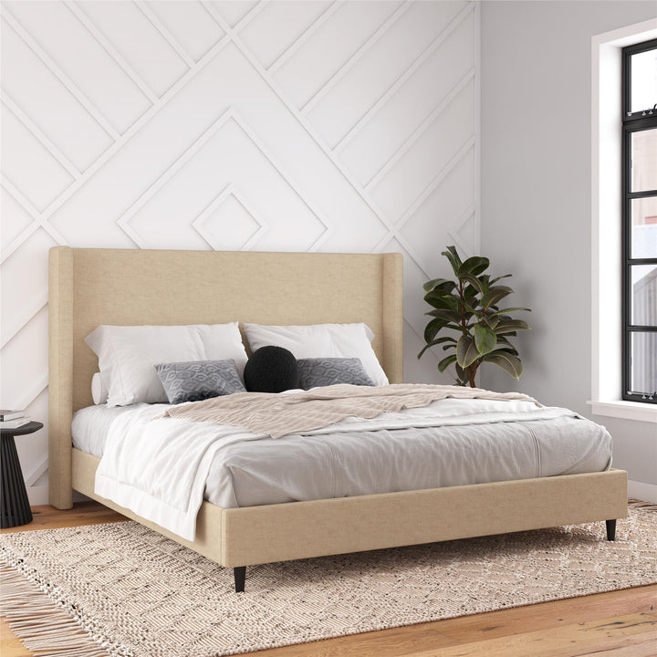Eveline Textured Canvas Upholstered Wingback Bed - Textured Beige Canvas - King