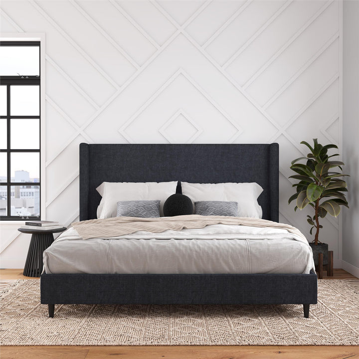 Eveline Textured Canvas Upholstered Wingback Bed - Textured Dark Blue Canvas - King