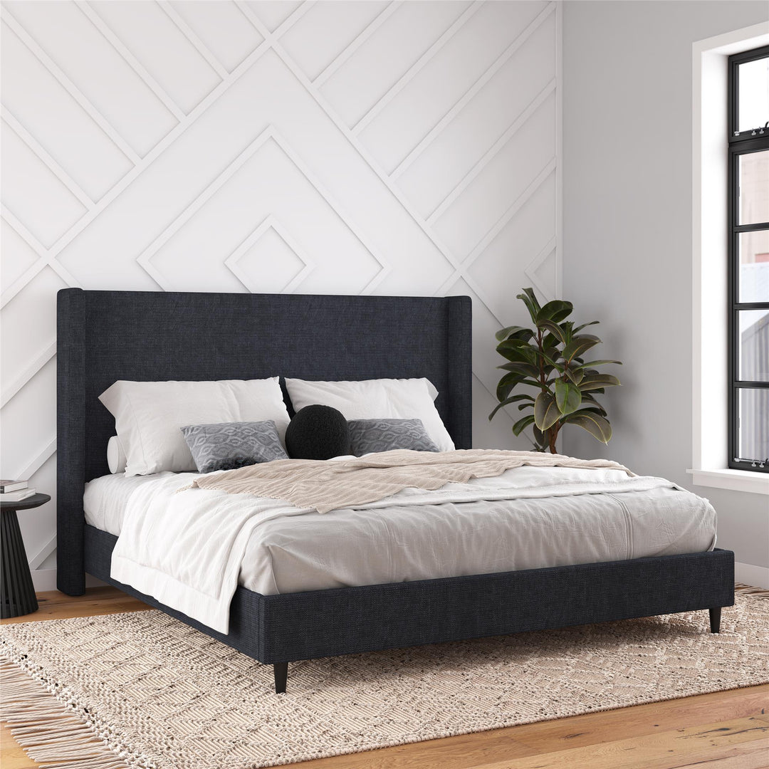Eveline Textured Canvas Upholstered Wingback Bed - Textured Dark Blue Canvas - King