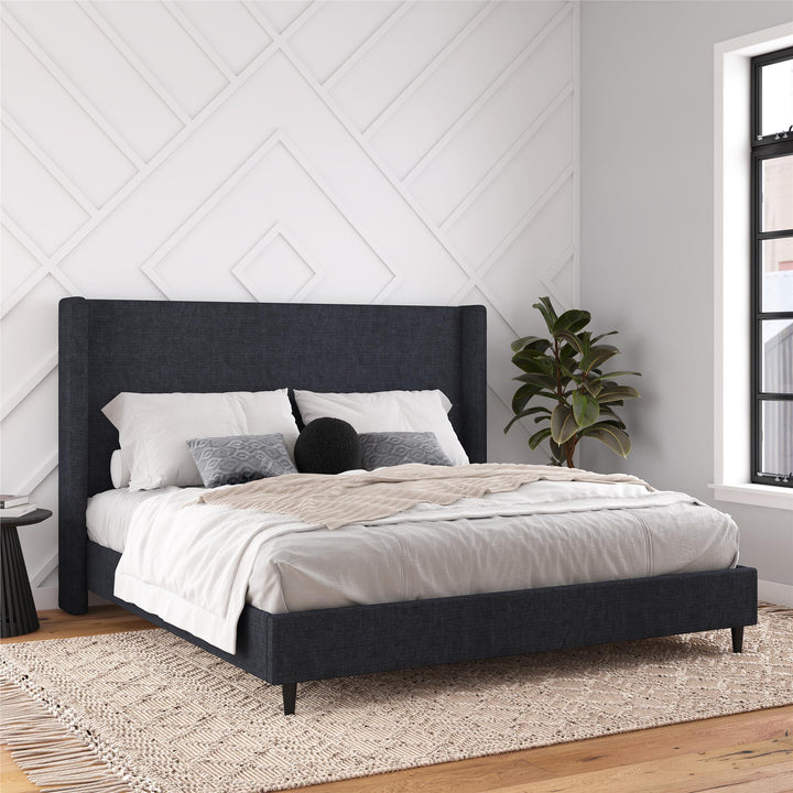 Eveline Textured Canvas Upholstered Wingback Bed - Textured Dark Blue Canvas - King