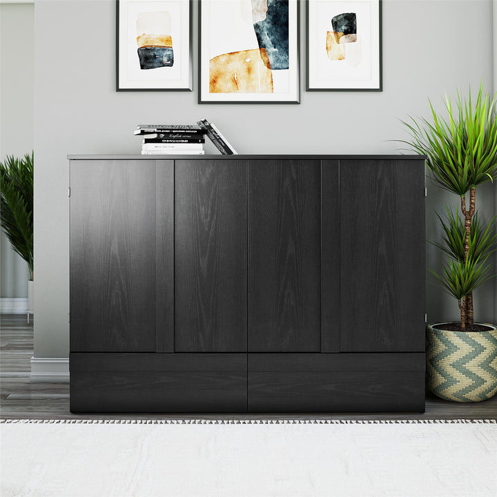 Paramount Trifold Cabinet Murphy Bed with Mattress and Storage Drawers - Black Oak - Queen