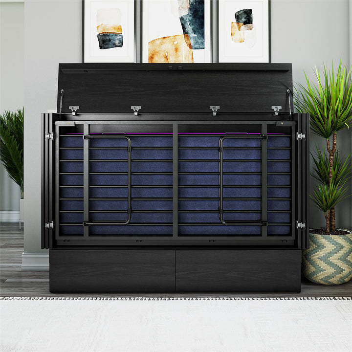 Paramount Trifold Cabinet Murphy Bed with Mattress and Storage Drawers - Black Oak - Queen