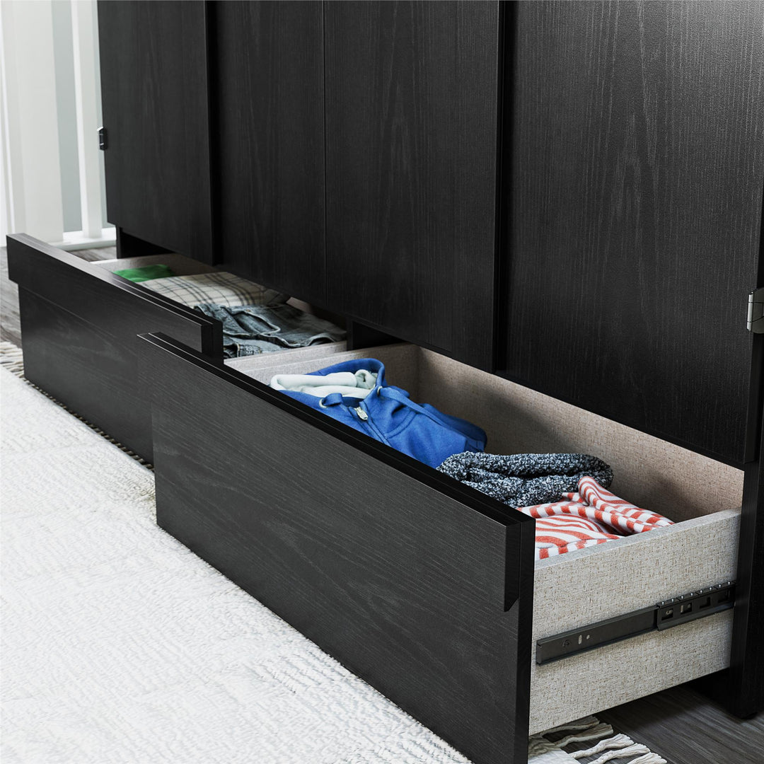 Paramount Trifold Cabinet Murphy Bed with Mattress and Storage Drawers - Black Oak - Queen