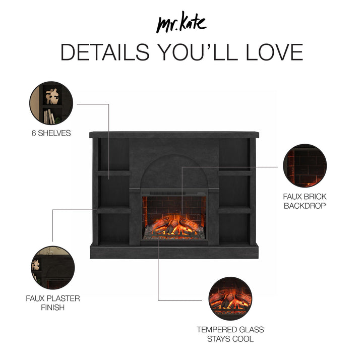Winston Fireplace Mantel with Built-in Bookshelves - Black Plaster