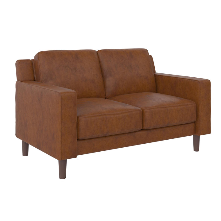 Brynn Fabric Upholstered 2 Seater Sofa with Wood Legs - Camel Faux Leather