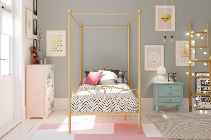 Canopy Metal Bed Frame with Intricate Design Headboard and Secured Slats - Gold - Twin