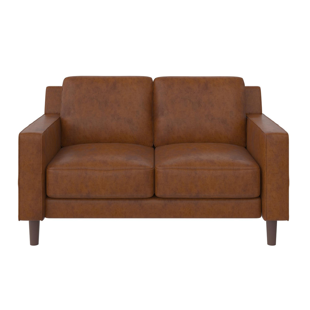 Brynn Fabric Upholstered 2 Seater Sofa with Wood Legs - Camel Faux Leather