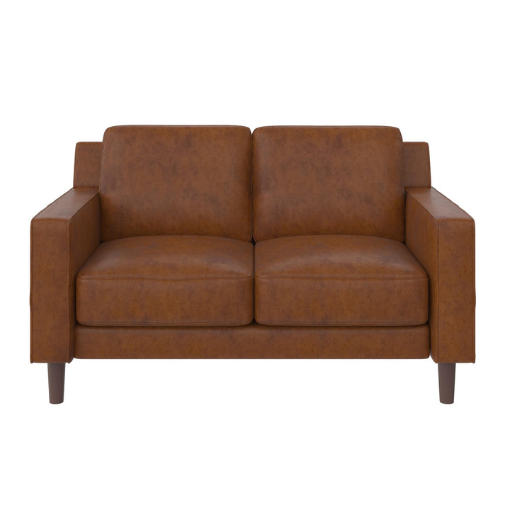 Brynn Fabric Upholstered 2 Seater Sofa with Wood Legs - Camel Faux Leather