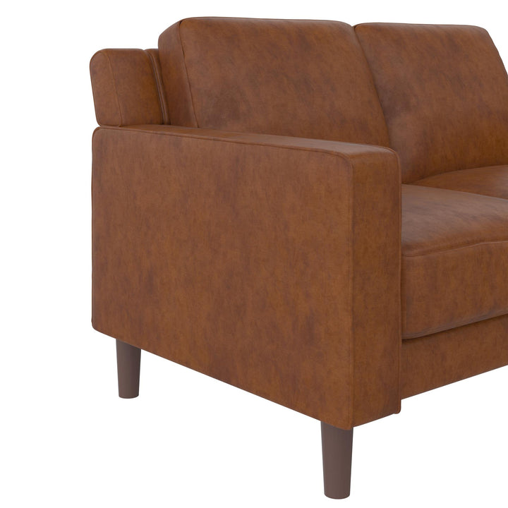 Brynn Fabric Upholstered 2 Seater Sofa with Wood Legs - Camel Faux Leather