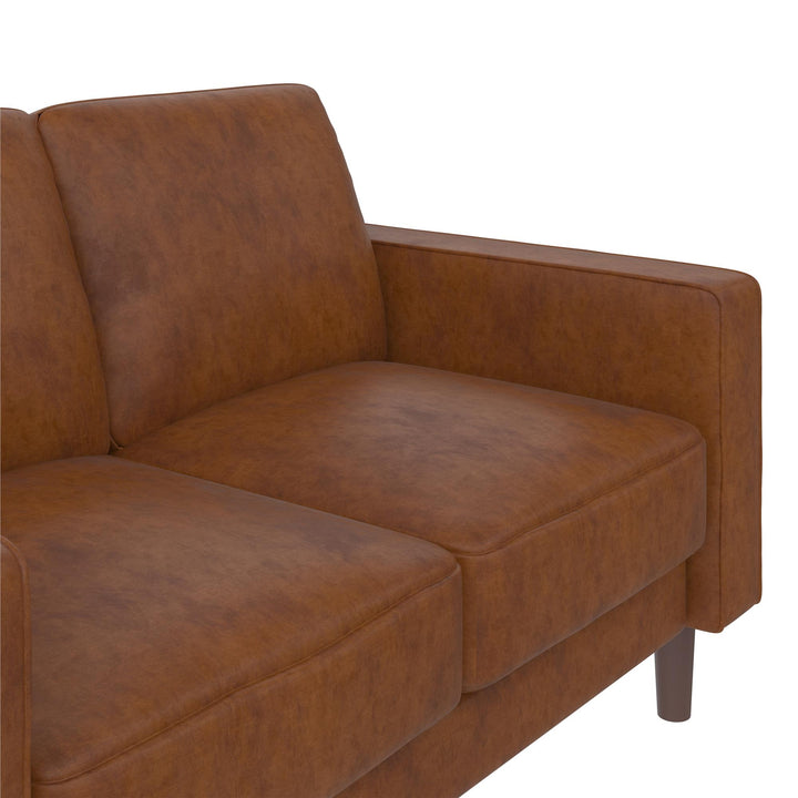Brynn Fabric Upholstered 2 Seater Sofa with Wood Legs - Camel Faux Leather