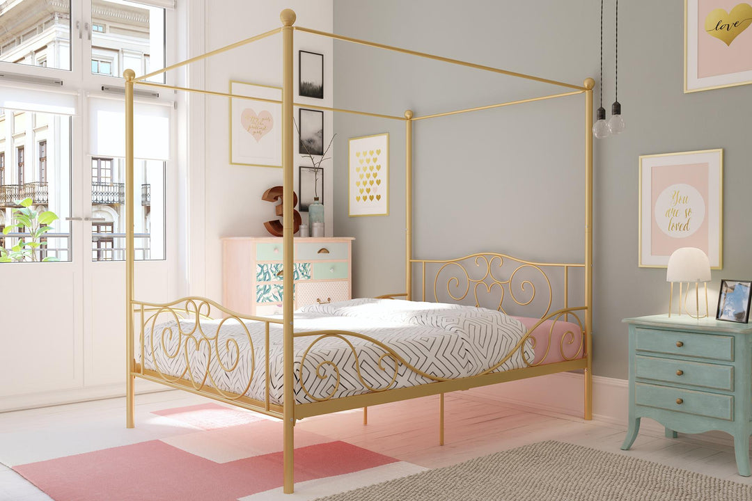 Canopy Metal Bed Frame with Intricate Design Headboard and Secured Slats - Gold - Full