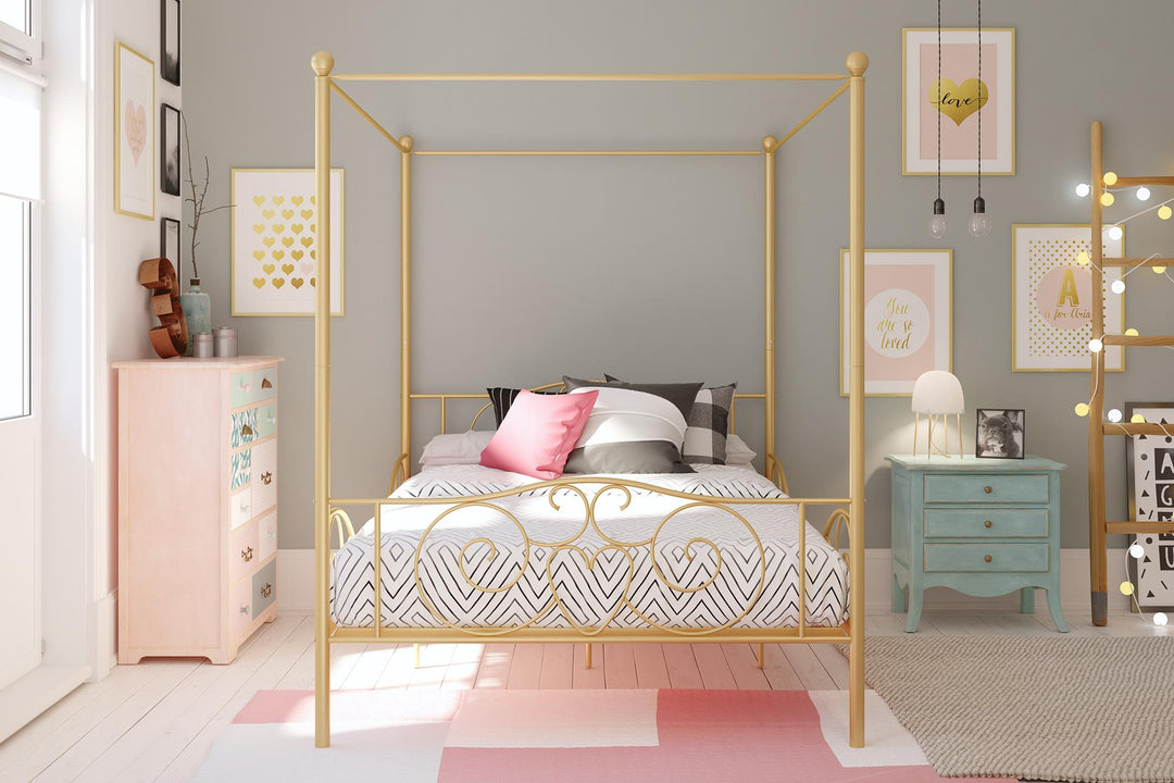 Canopy Bed with Intricate Design Headboard -  Gold  -  Full