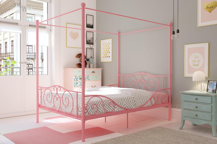 Canopy Bed with Intricate Design Headboard -  Pink  -  Full