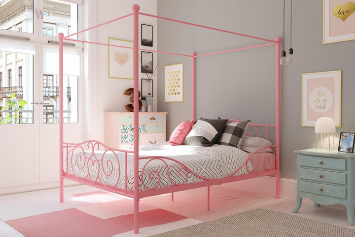 Metal Bed Frame with Headboard and Slats -  Pink  -  Full