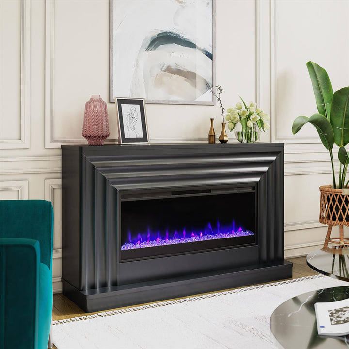 Rene Electric Fireplace Mantel 65" TV Stand with Multi-Color Flame and Crystal Ember Bed - Black