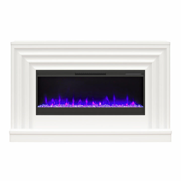 Rene Electric Fireplace Mantel 65" TV Stand with Multi-Color Flame and Crystal Ember Bed - White