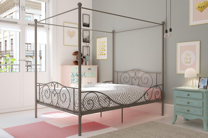 Canopy Metal Bed Frame with Intricate Design Headboard and Secured Slats - Pewter - Full
