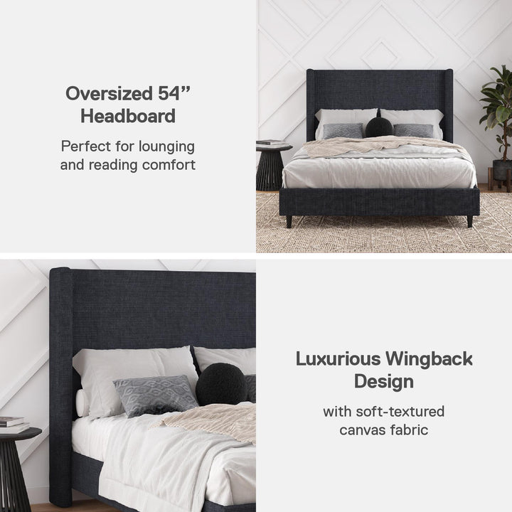 Eveline Textured Canvas Upholstered Wingback Bed - Textured Dark Blue Canvas - Queen
