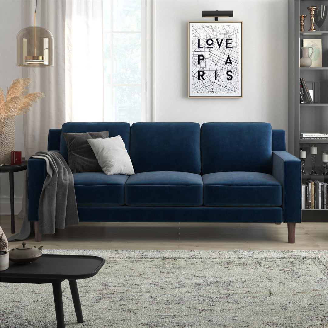 Brynn Fabric Upholstered 3 Seater Sofa with Wood Legs - Blue