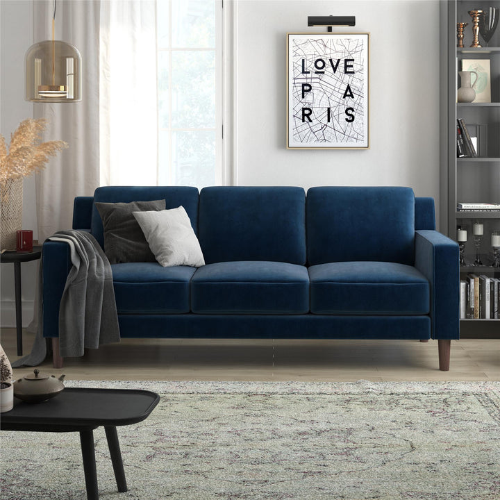 Brynn Fabric Upholstered 3 Seater Sofa with Wood Legs - Blue