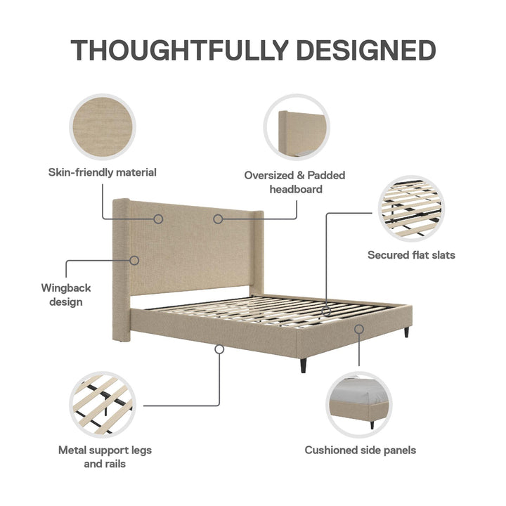 Eveline Textured Canvas Upholstered Wingback Bed - Textured Beige Canvas - King