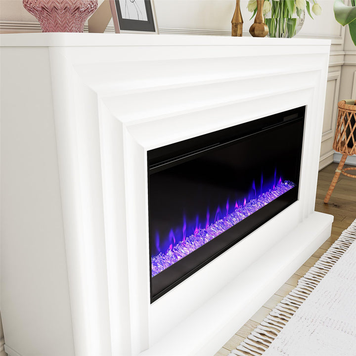 Rene Electric Fireplace Mantel 65" TV Stand with Multi-Color Flame and Crystal Ember Bed - White
