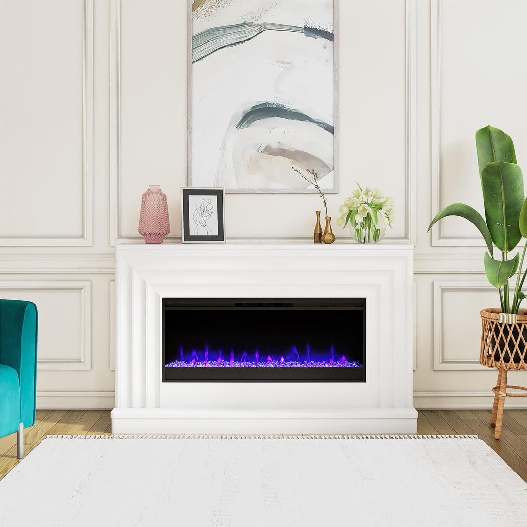 Rene Electric Fireplace Mantel 65" TV Stand with Multi-Color Flame and Crystal Ember Bed - White