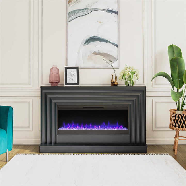 Rene Electric Fireplace Mantel 65" TV Stand with Multi-Color Flame and Crystal Ember Bed - Black
