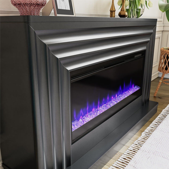 Rene Electric Fireplace Mantel 65" TV Stand with Multi-Color Flame and Crystal Ember Bed - Black