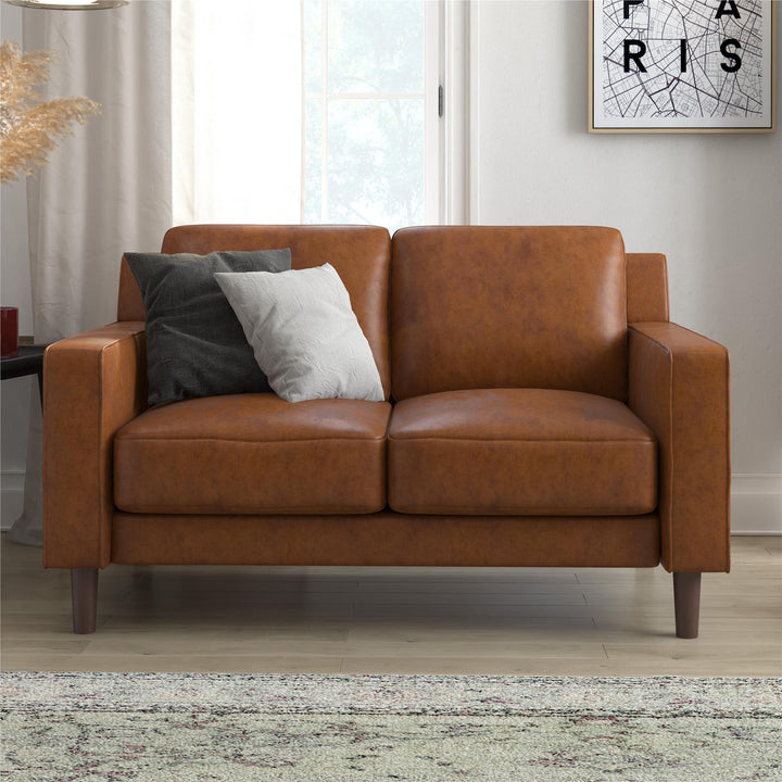 Brynn Fabric Upholstered 2 Seater Sofa with Wood Legs - Camel Faux Leather