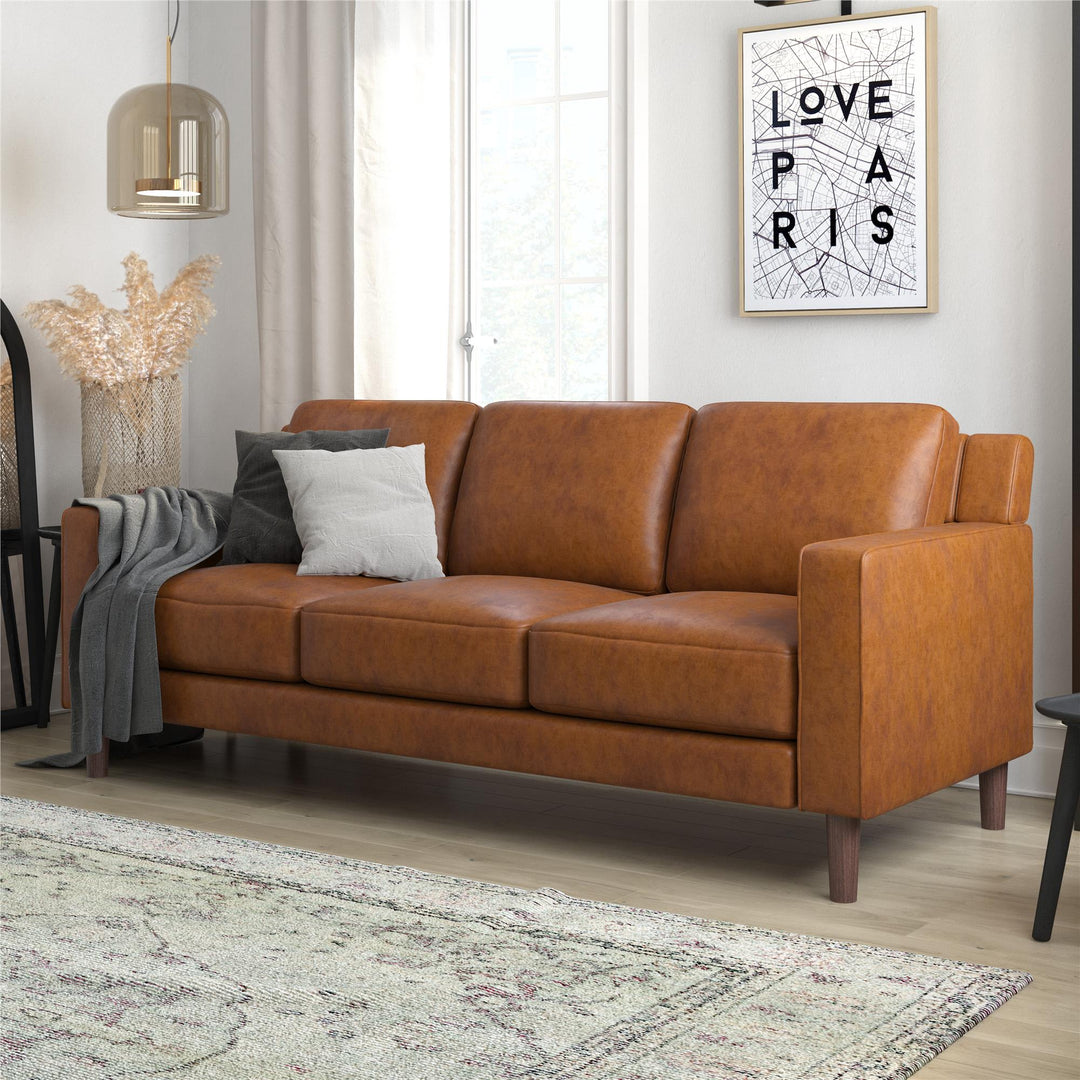 Brynn Fabric Upholstered 3 Seater Sofa with Wood Legs - Camel Faux Leather