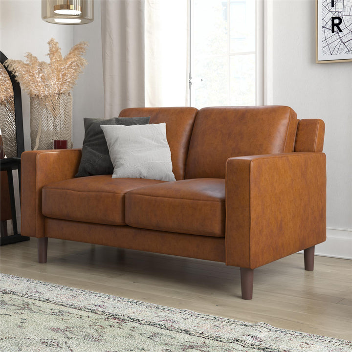 Brynn Fabric Upholstered 2 Seater Sofa with Wood Legs - Camel Faux Leather