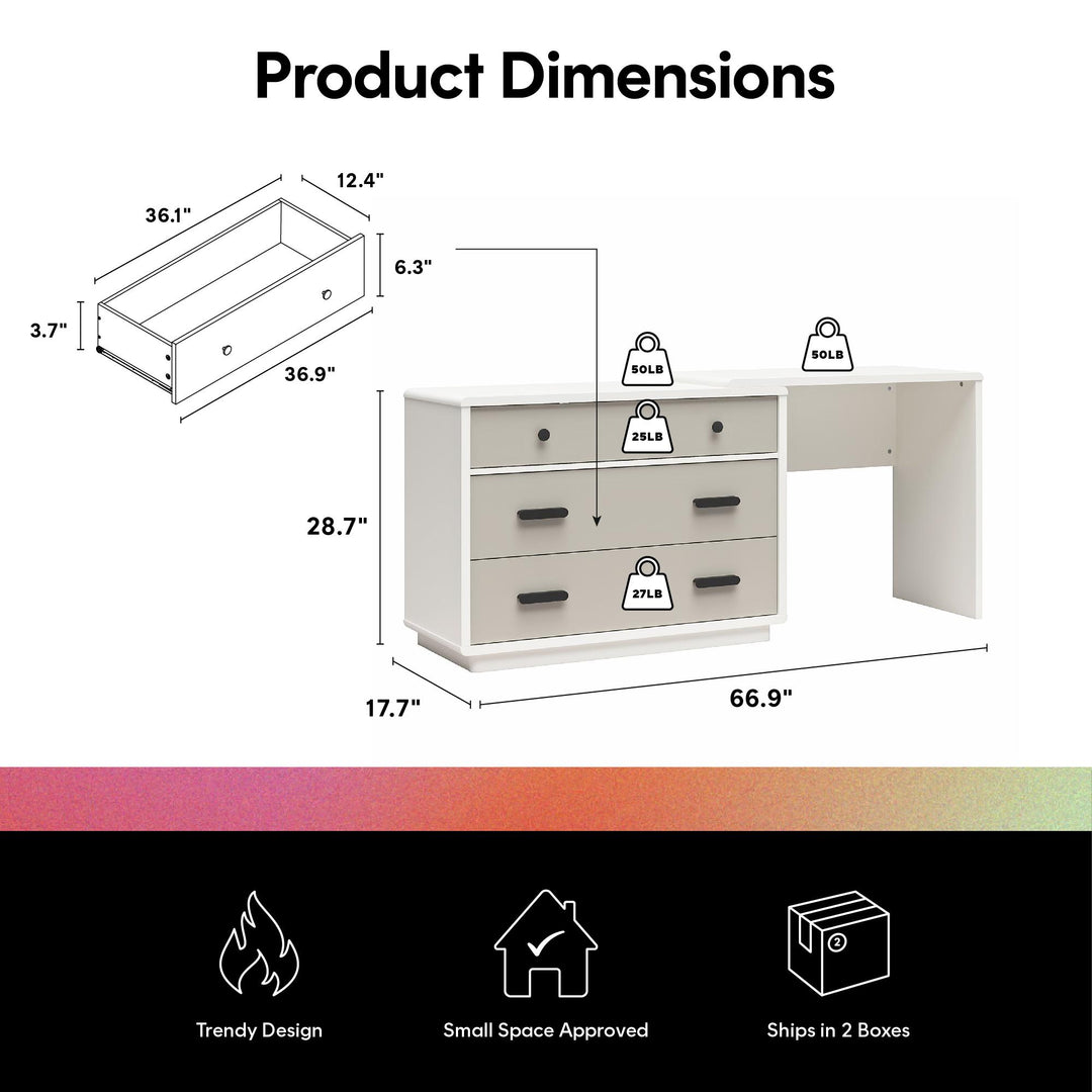Valencia 3 Drawer Dresser and Desk Combo - Taupe/White