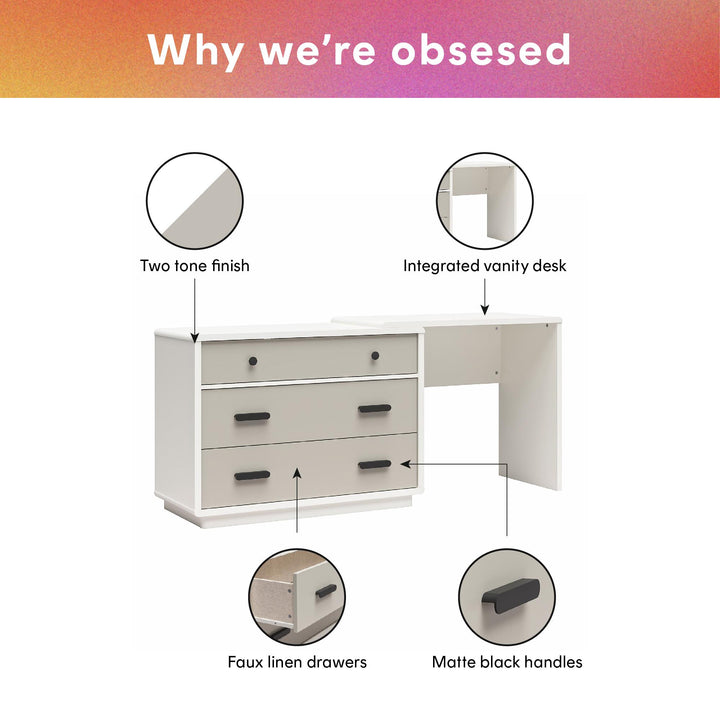 Valencia 3 Drawer Dresser and Desk Combo - Taupe/White