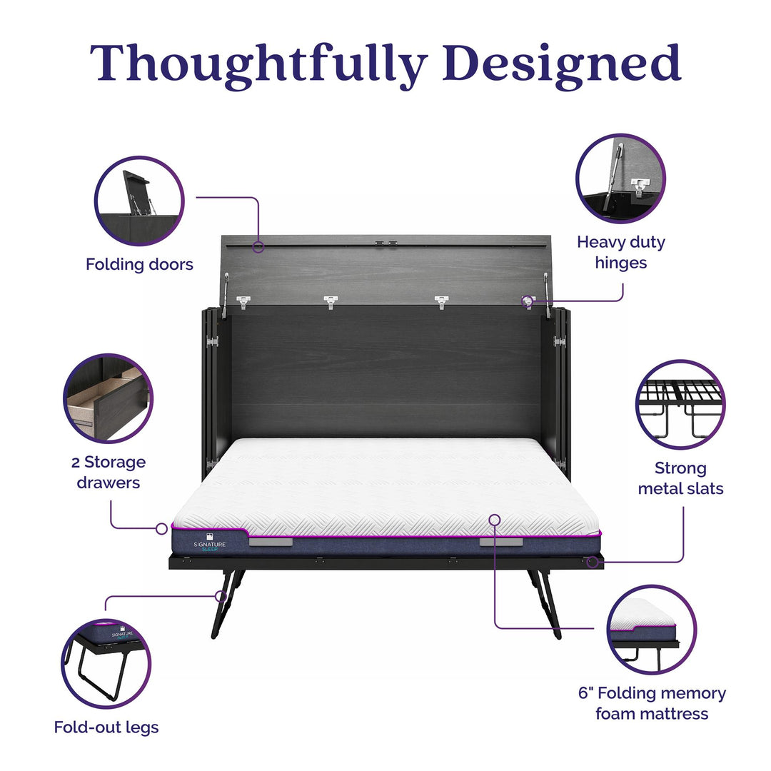Paramount Trifold Cabinet Murphy Bed with Mattress and Storage Drawers - Black Oak - Queen