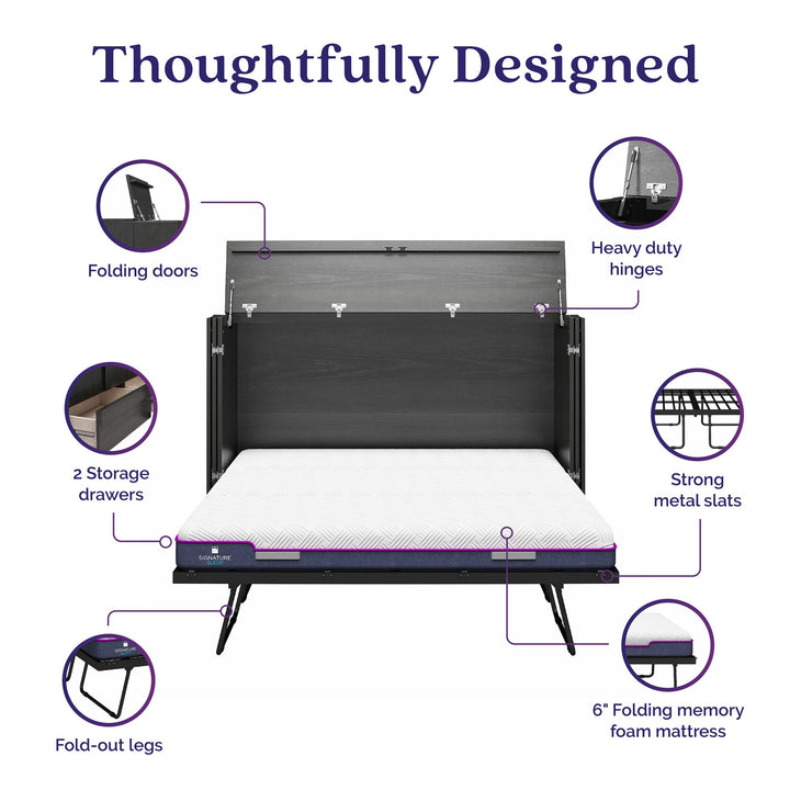 Paramount Trifold Cabinet Murphy Bed with Mattress and Storage Drawers - Black Oak - Queen
