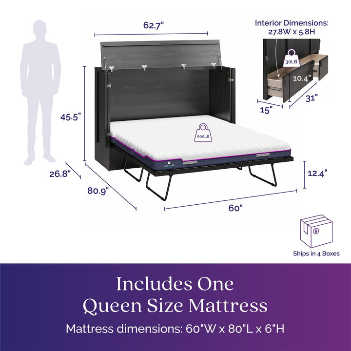 Paramount Trifold Cabinet Murphy Bed with Mattress and Storage Drawers - Black Oak - Queen