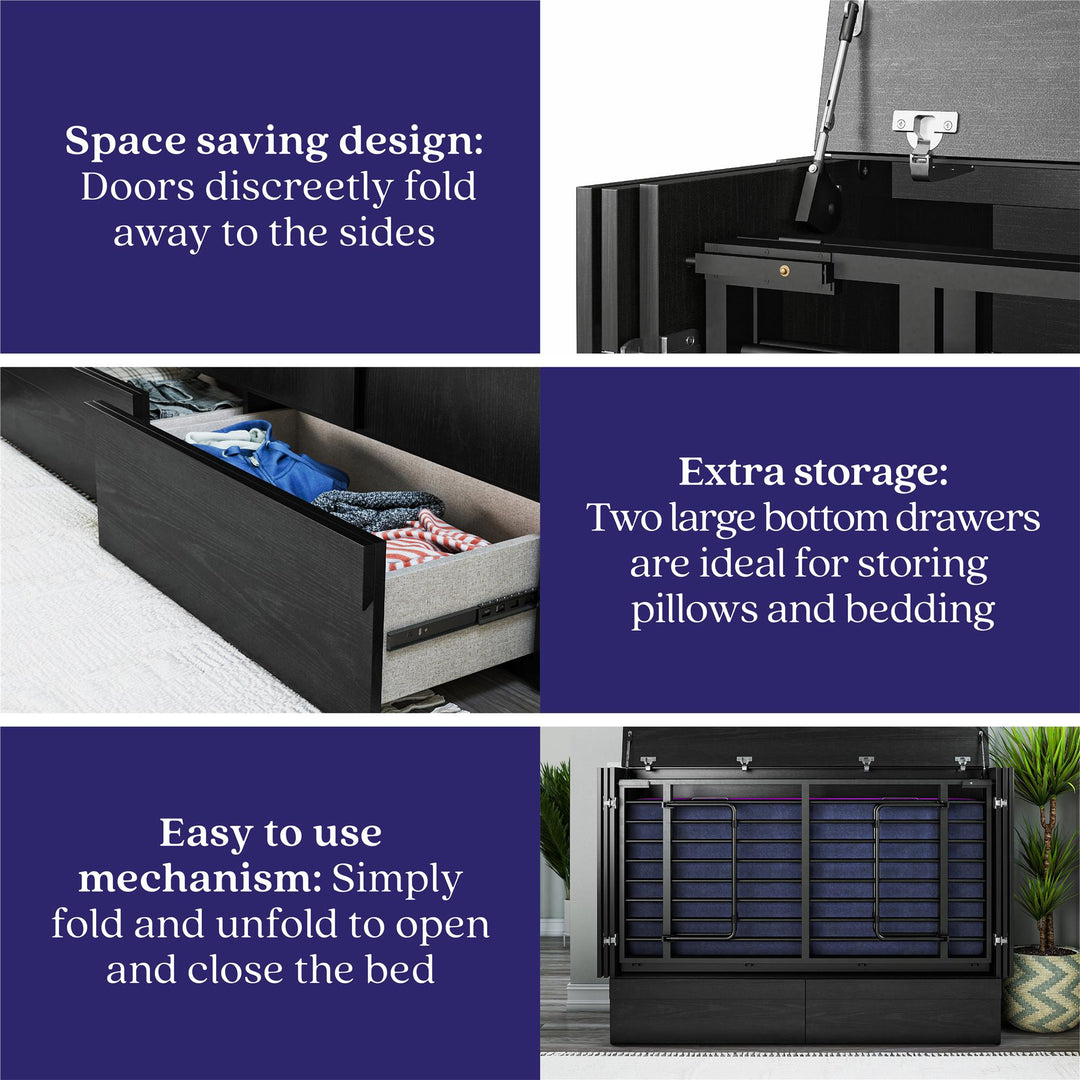 Paramount Trifold Cabinet Murphy Bed with Mattress and Storage Drawers - Black Oak - Queen