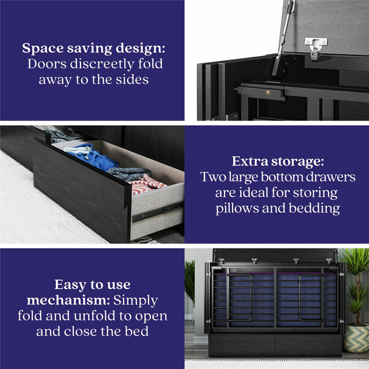 Paramount Trifold Cabinet Murphy Bed with Mattress and Storage Drawers - Black Oak - Queen