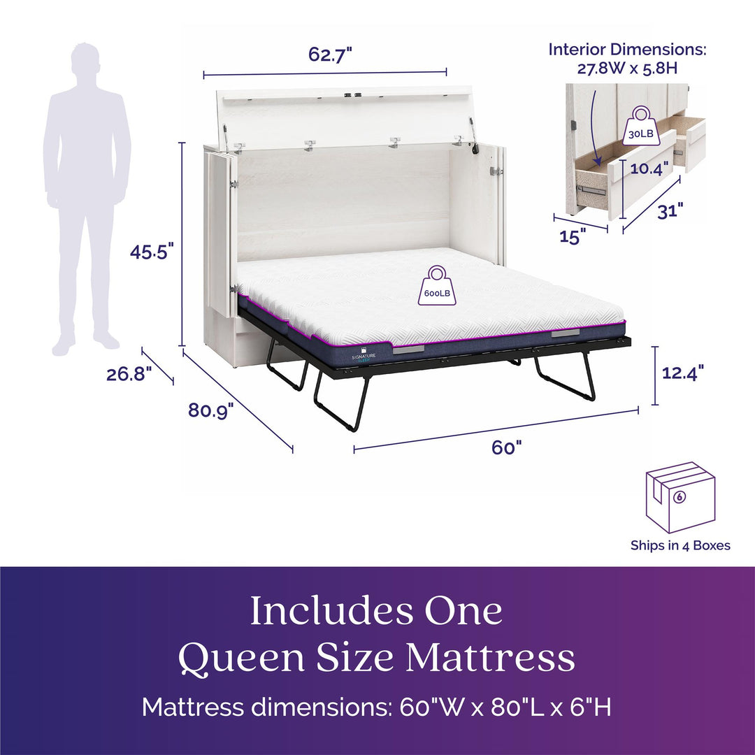 Paramount Trifold Cabinet Murphy Bed with Mattress and Storage Drawers - Ivory Oak - Queen