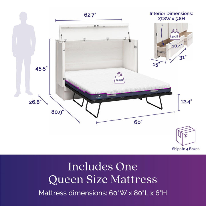Paramount Trifold Cabinet Murphy Bed with Mattress and Storage Drawers - Ivory Oak - Queen